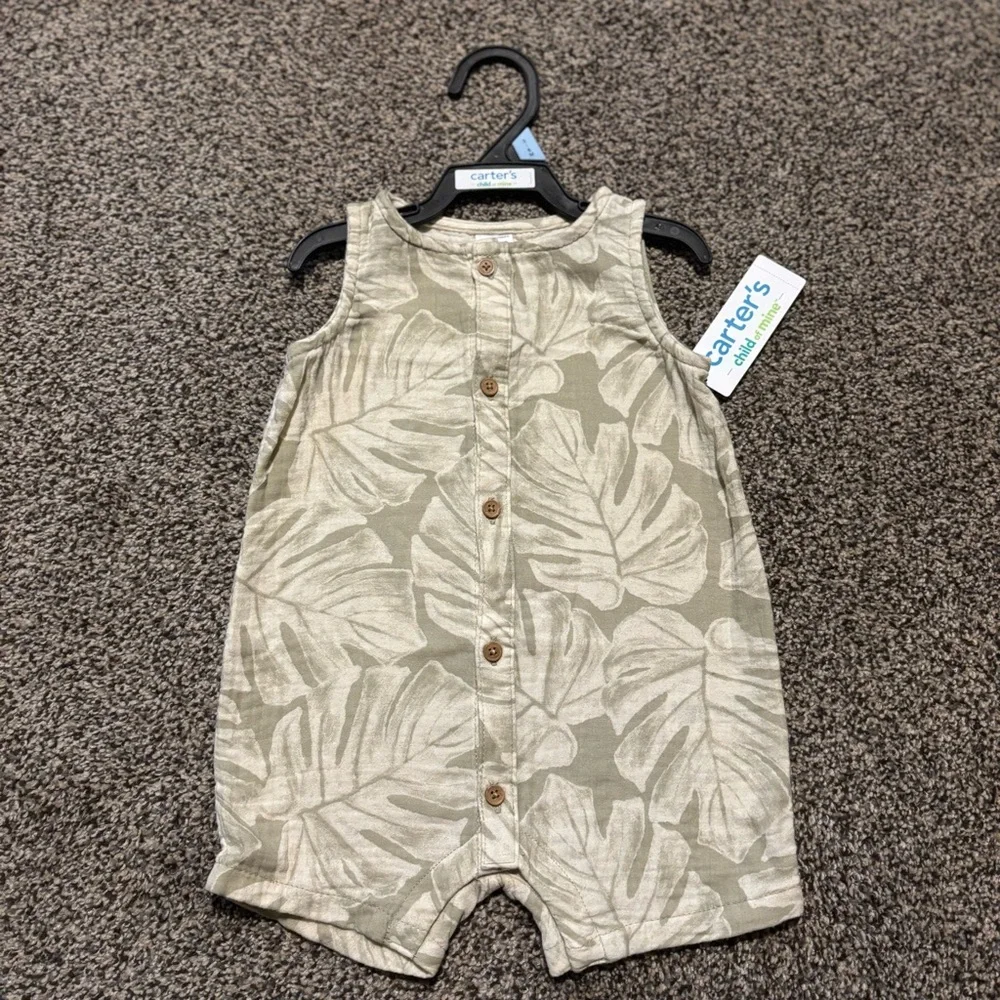 NEW! NWT Carter's Sleeveless Romper Foliage Leaf Pattern Muslin 3-6mo Outfit